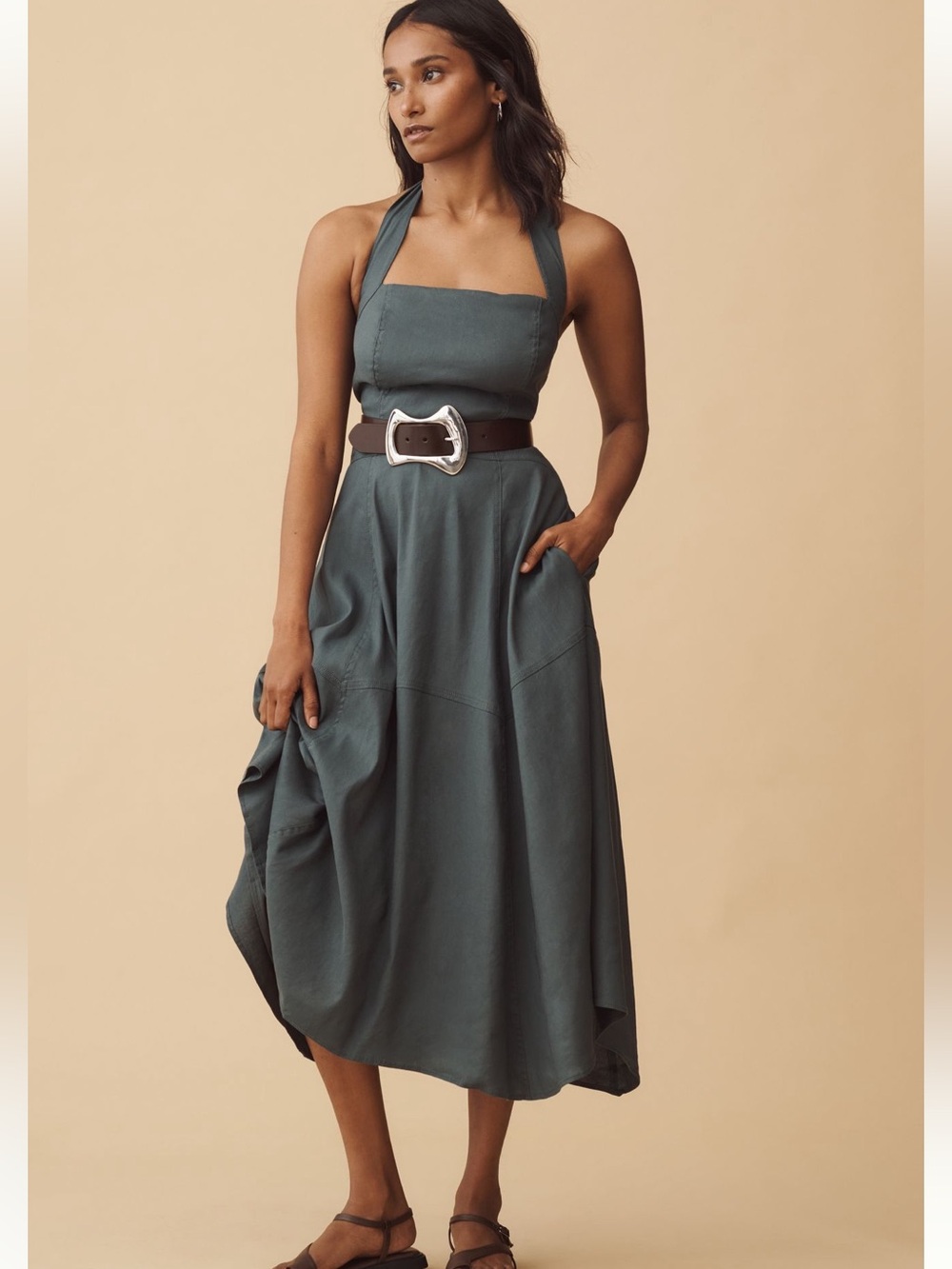 Anthropologie Stretch linen halter midi dress